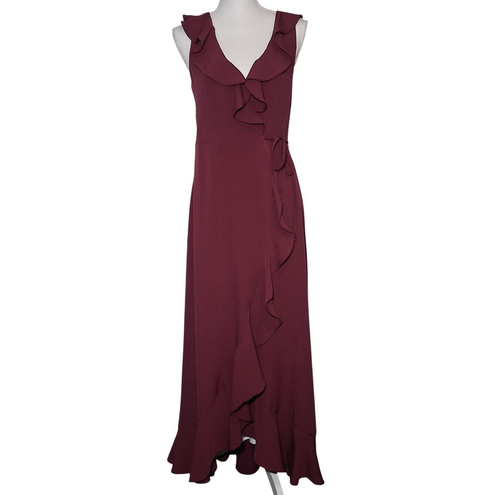 Leith Burgundy Ruffle Wrap Maxi Dress Wine Red V-Neck Sleeveless High-Low Midi